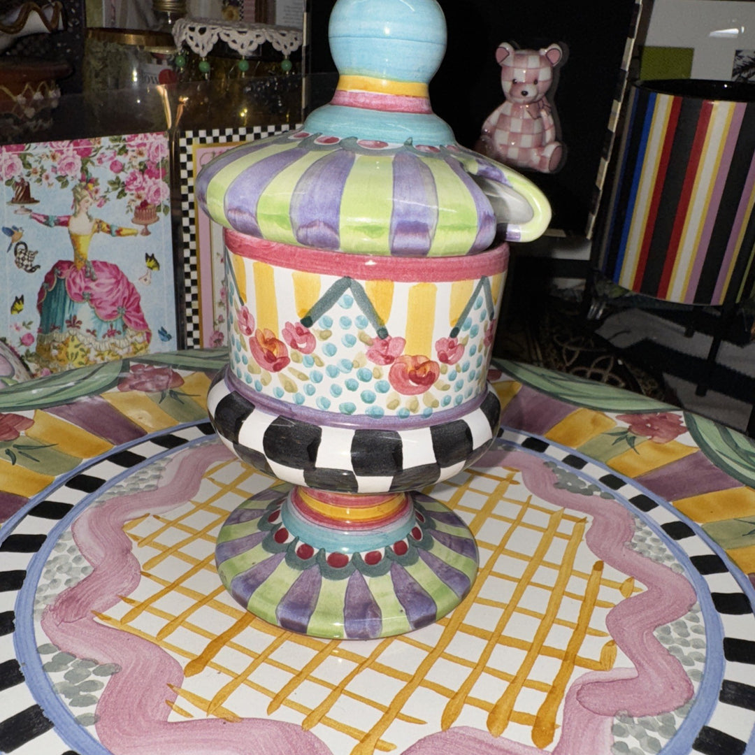 Retired Mackenzie Childs Taylor- Odd Fellows Ceramic Footed Jam Pot Brand 2010