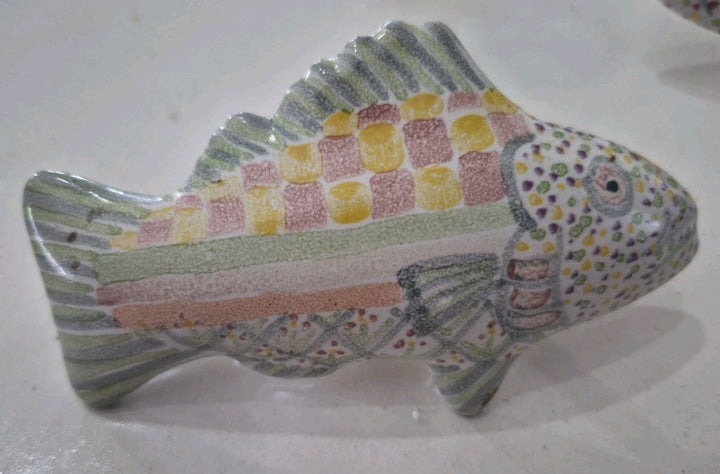 Set 2 Vintage MacKenzie-Childs Pottery Fish Cabinet Knobs / Drawer Pulls Green
