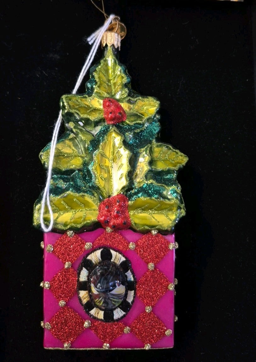 Mackenzie Childs CHICKADEE HOLLY HOUSE Christmas Ornament Blown Glass - NEW/BOX!