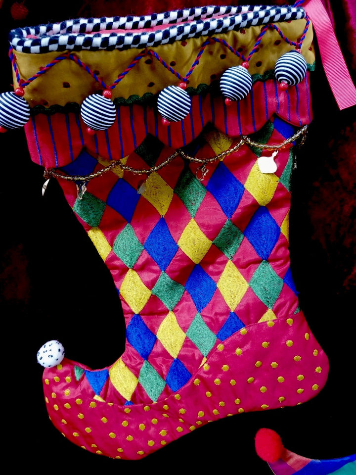 MacKenzie Childs Jester Christmas Stocking Striped 15” gold charms black beads