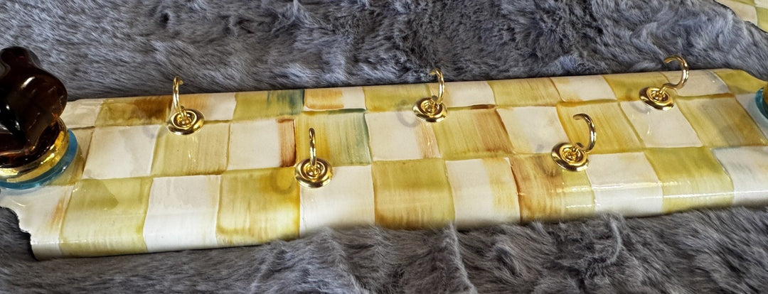 MacKenzie Childs Retired Enamel Parchment Check 5 Hook Key Holder- Excellent