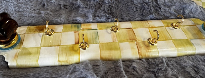 MacKenzie Childs Retired Enamel Parchment Check 5 Hook Key Holder- Excellent