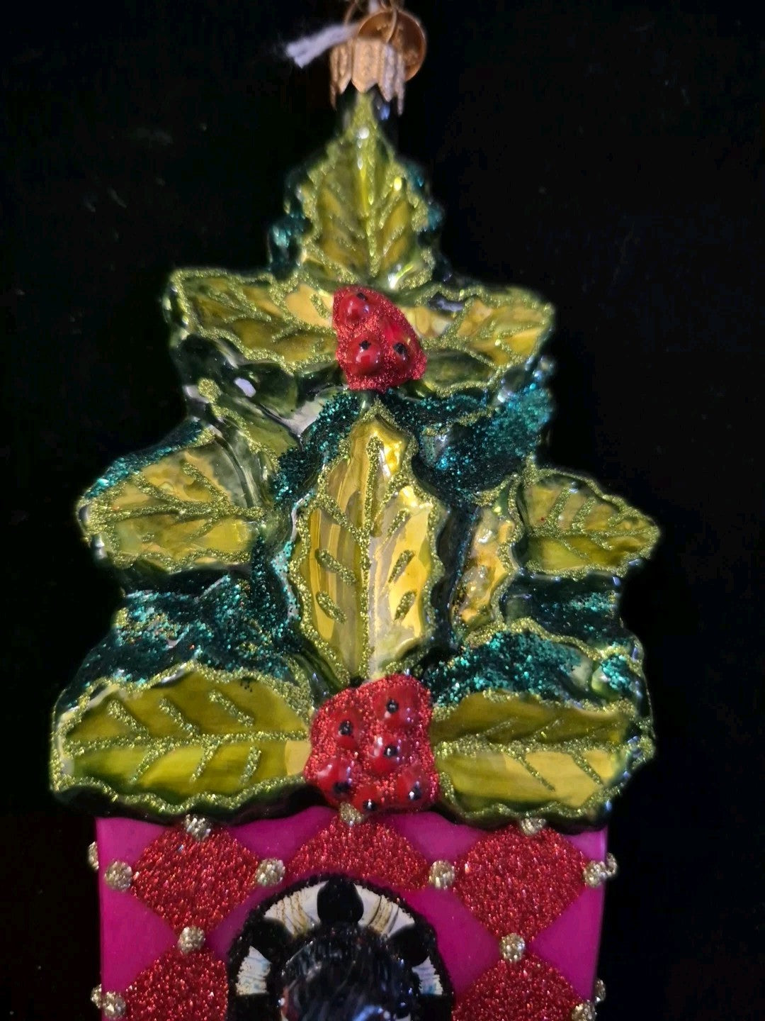 Mackenzie Childs CHICKADEE HOLLY HOUSE Christmas Ornament Blown Glass - NEW/BOX!