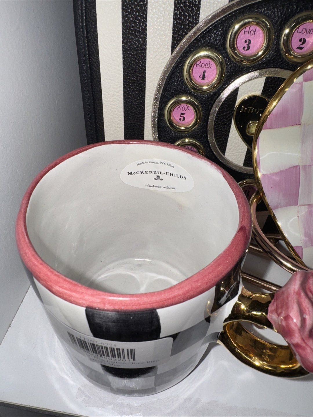 Mackenzie Childs Collectors Series Mug Addition Rose Ring Courtly Check July