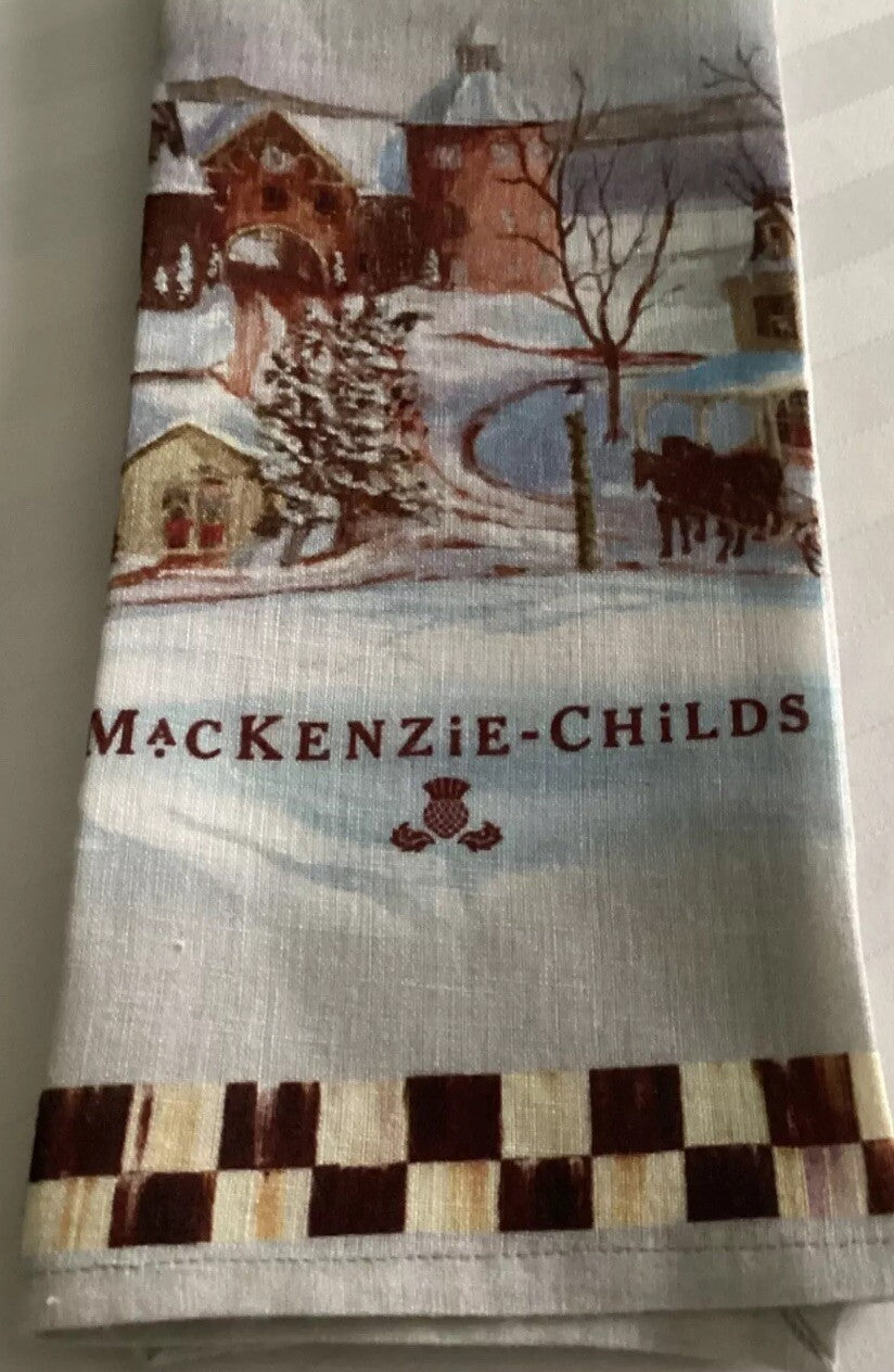 MACKENZIE CHILDS  Linen Christmas Tea Towel- Retired Farm Scenery Winter- Rare