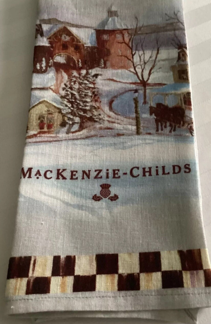MACKENZIE CHILDS  Linen Christmas Tea Towel- Retired Farm Scenery Winter- Rare