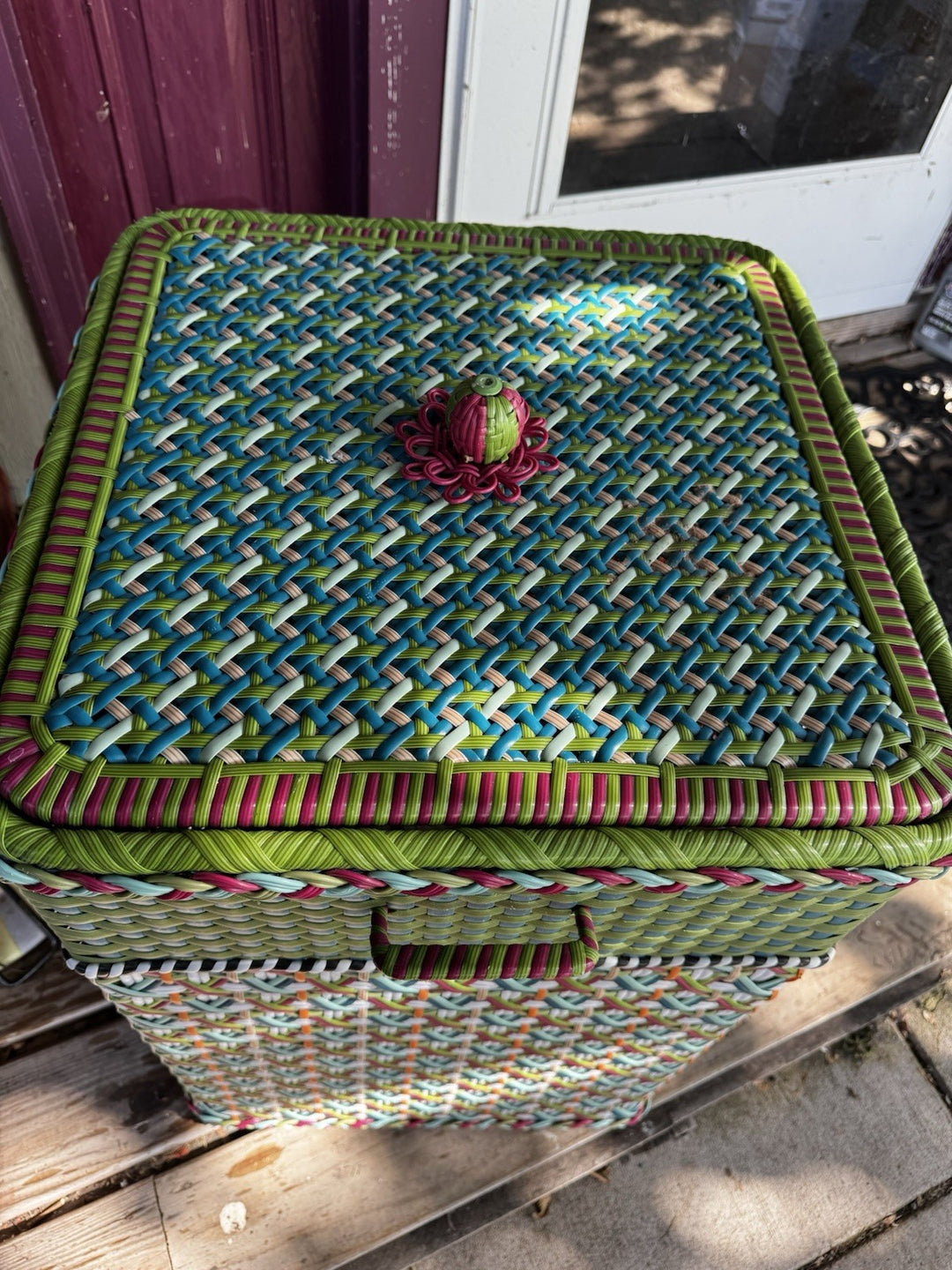 Mackenzie Childs Hamper Lidded Bin Greenhouse Resin Wicker Rose Retired