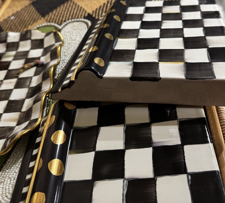 Mackenzie Childs Courtly Check Ceramic Side Tile For The Right Side / Gold Dots