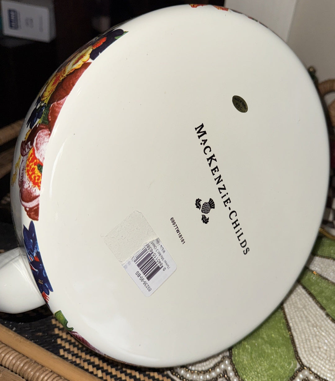 Mackenzie Childs White Flower Market Tea Kettle With Bird Knob 3 Quart New