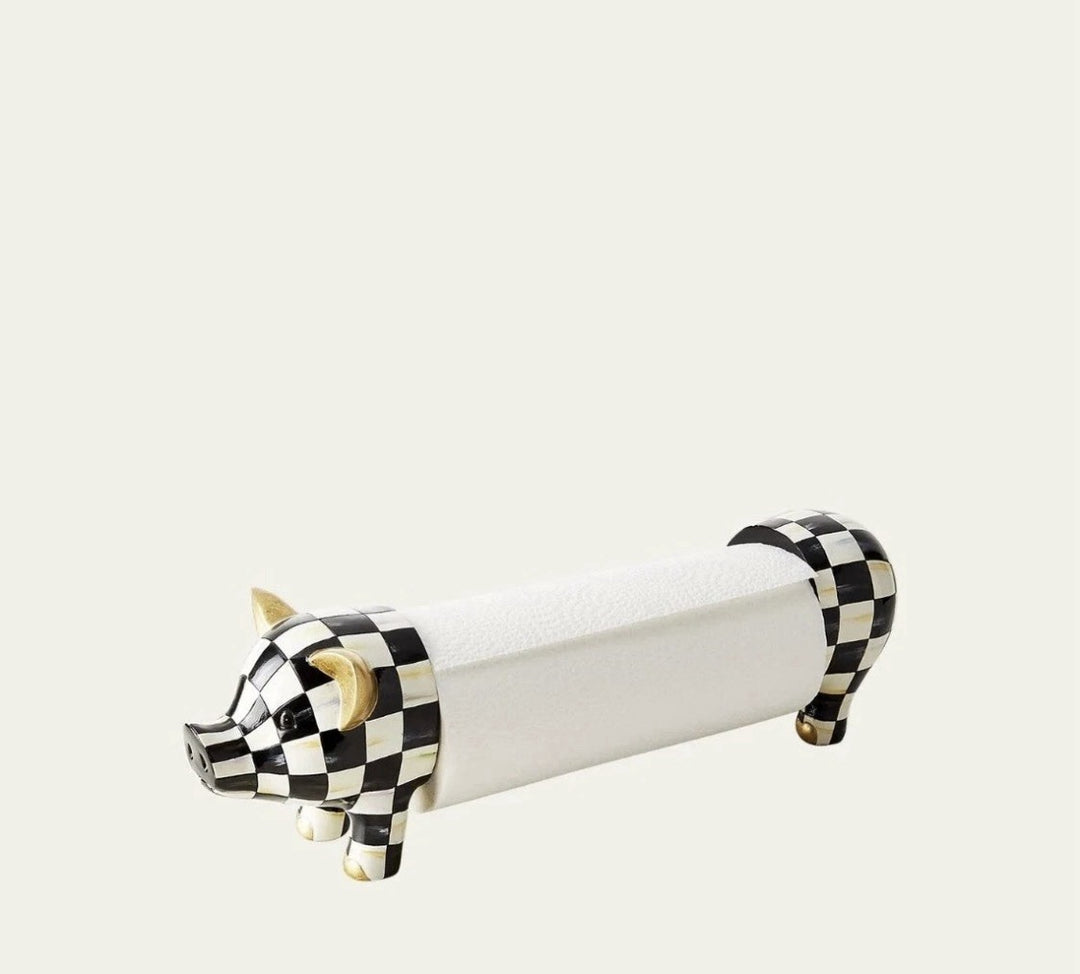 MACKENZIE CHILDS Courtly Check Pig Paper Towel Holder Farmhouse Home Décor New