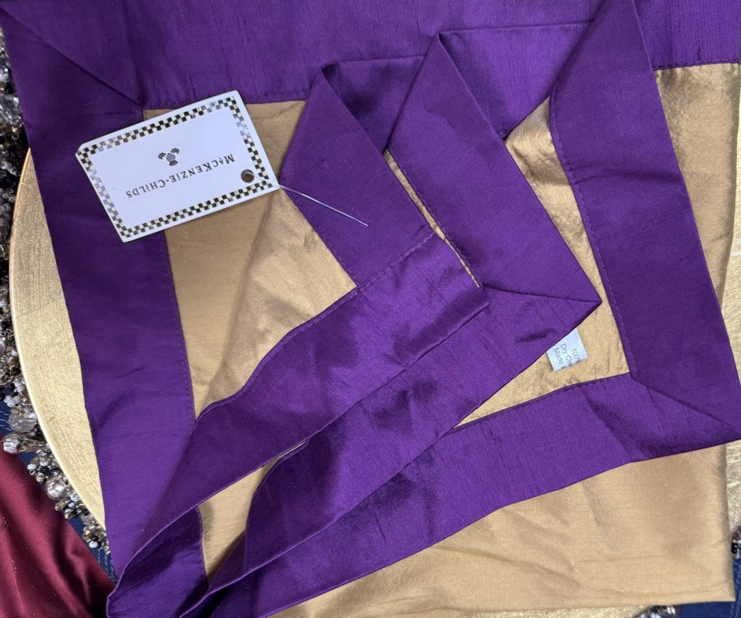 RETIRED Mackenzie Childs TRAPEZE Silk Square NAPKIN Plum And Gold- Set Of 4