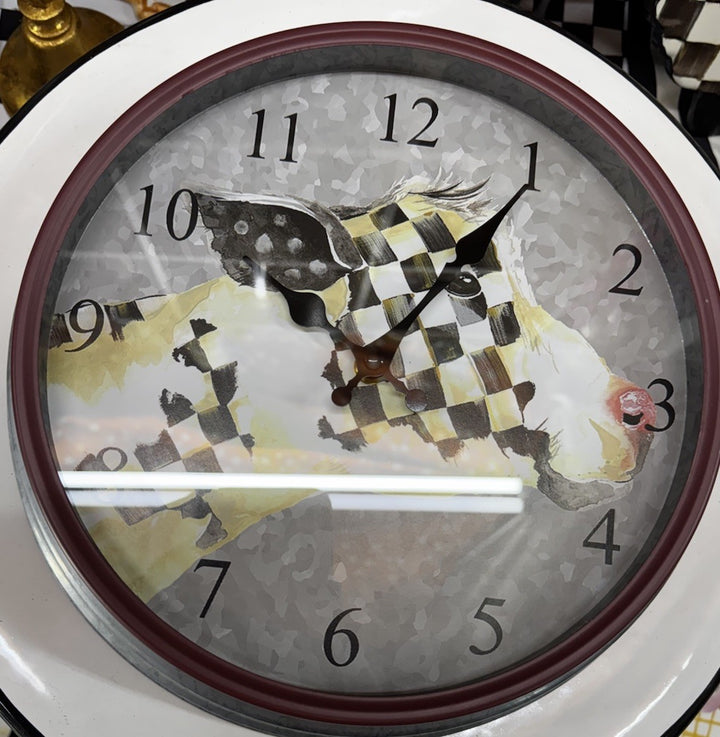Mackenzie Childs Galvanized Metal Cora Cow Wall Clock Courtly Check OPEN BOX