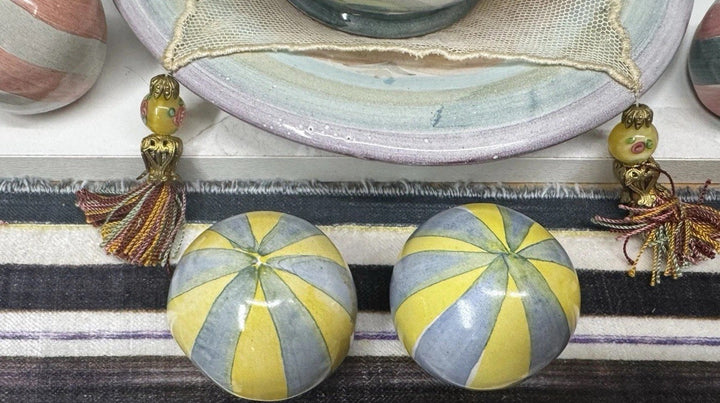 Mackenzie Childs Set Of 2 Blue And Yellow Knobs / Pulls Ceramic W Hardware