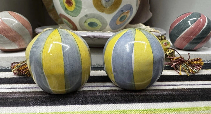 Mackenzie Childs Set Of 2 Blue And Yellow Knobs / Pulls Ceramic W Hardware