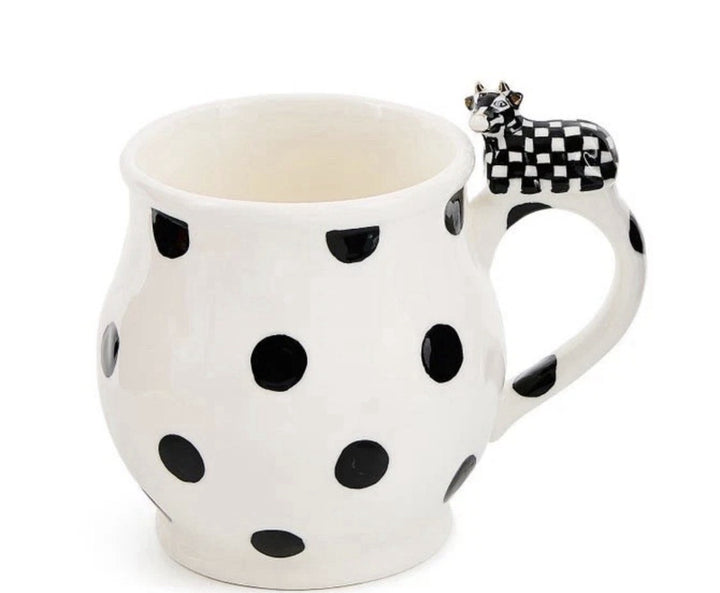 MACKENZIE CHILDS COW CREAMERY MUG, NIB, 16 OZ, 3.5" x 5.5" x 4.5"