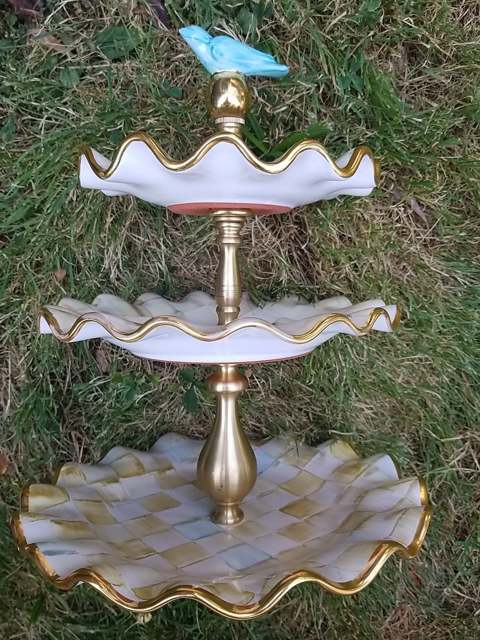 Mackenzie Childs Parchment Check Ceramic Three Tier Sweet Stand With Blue Bird