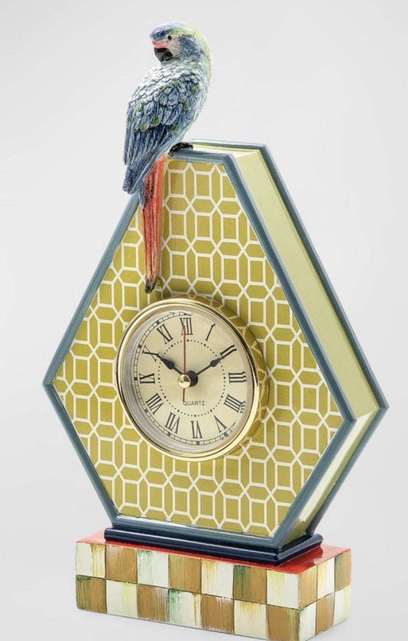 MACKENZIE-CHILDS FLEUR DE LEAF PARROT DESK CLOCK,NEW Retired