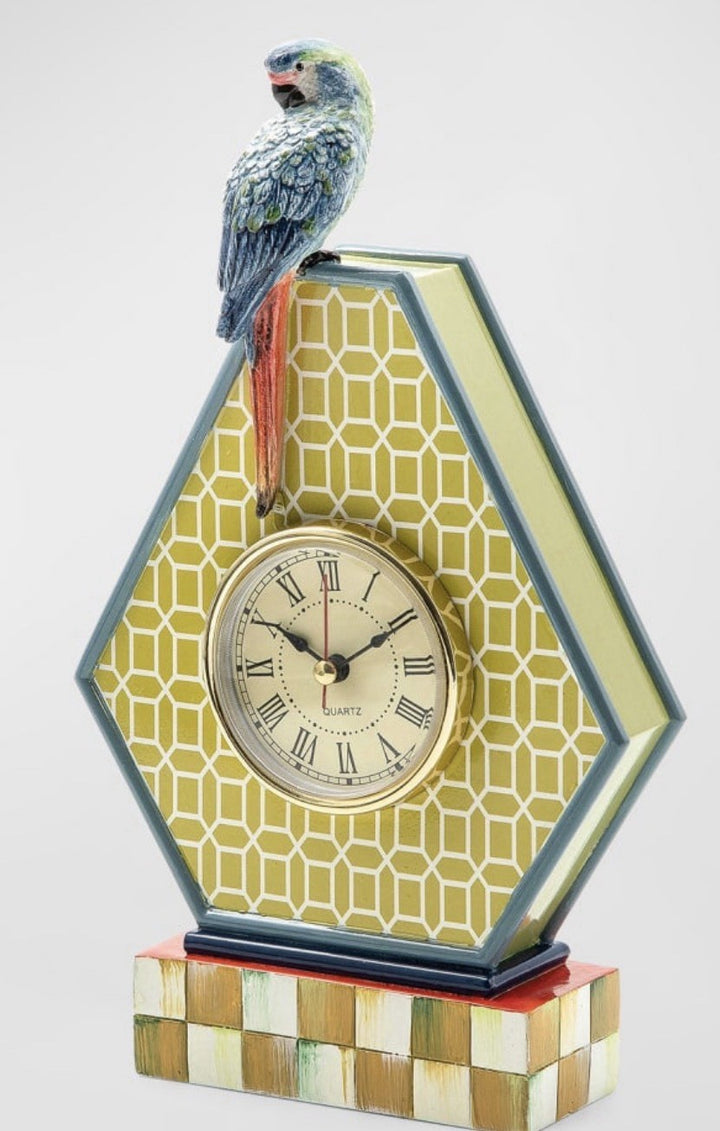 MACKENZIE-CHILDS FLEUR DE LEAF PARROT DESK CLOCK,NEW Retired