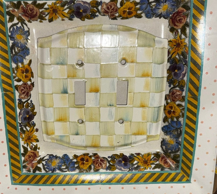 Mackenzie Childs Parchment  Check Enamel Double Light  Switch Plate Cover