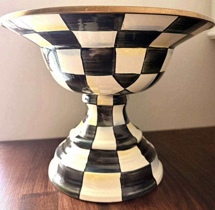MacKenzie Childs Courtly Check Large Pedestal Compote Bowl Glossy