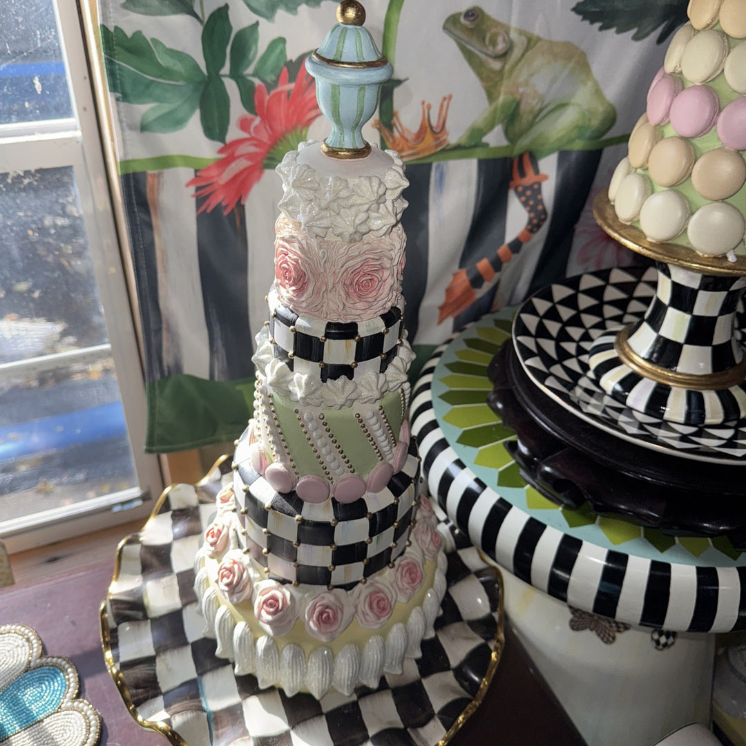 Mackenzie Childs 16.5" Tall Rosy Tiered Rose Garden Cake Courtly Check Retired