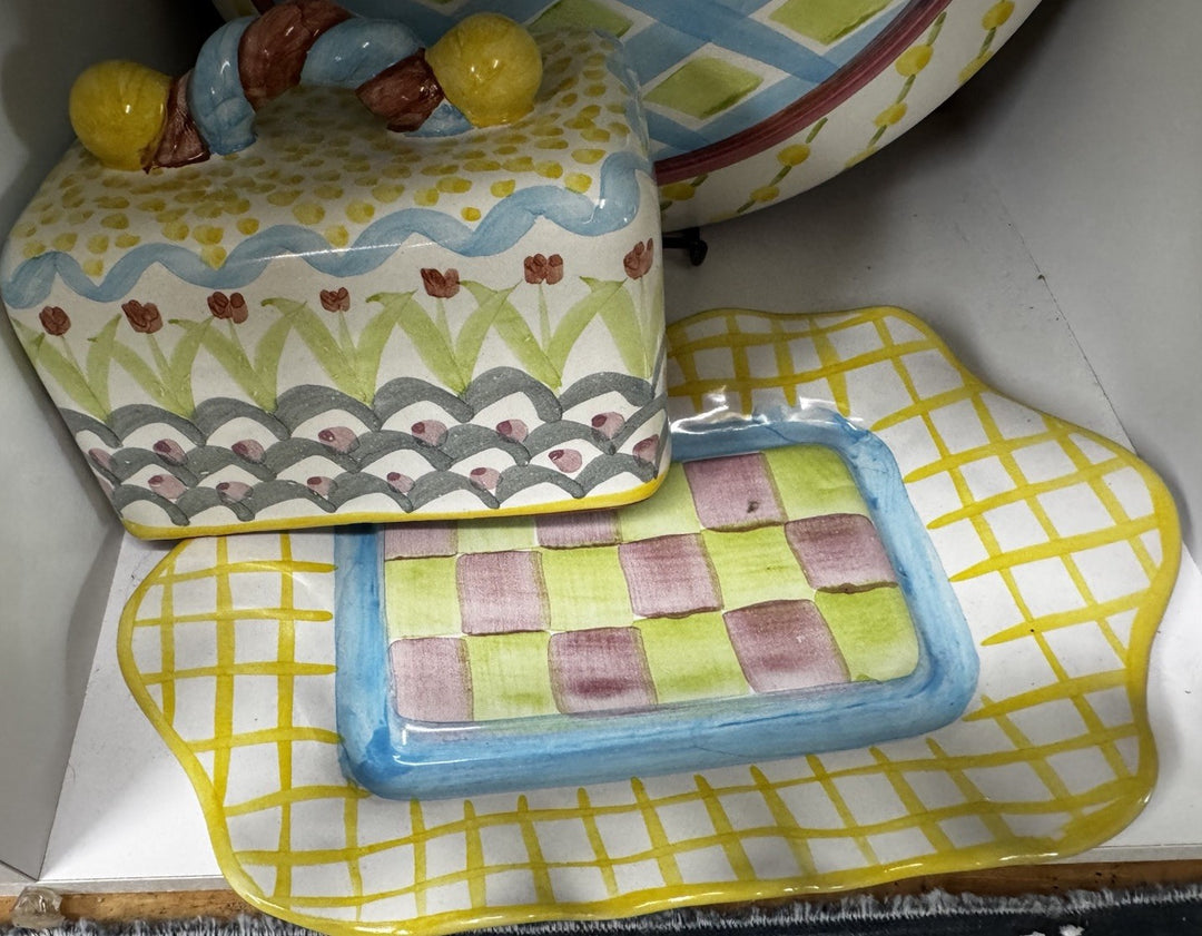Mackenzie Childs Vintage Ceramic Taylor  KING FERRY Covered Butter Dish 2000