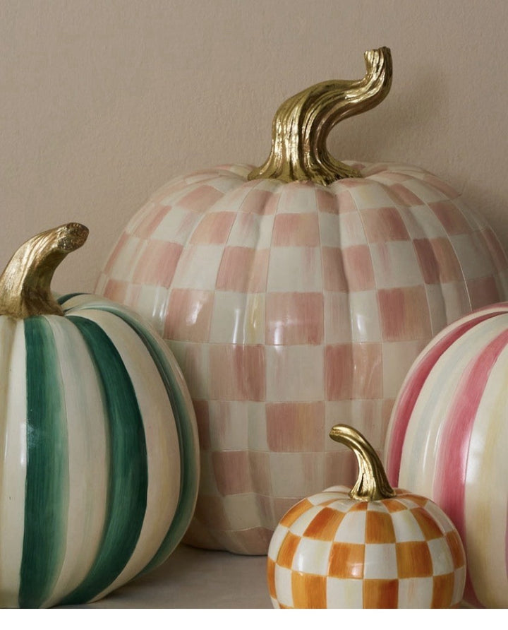 MacKenzie Childs LARGE Harvest Check Pumpkin in Rosy Check-new