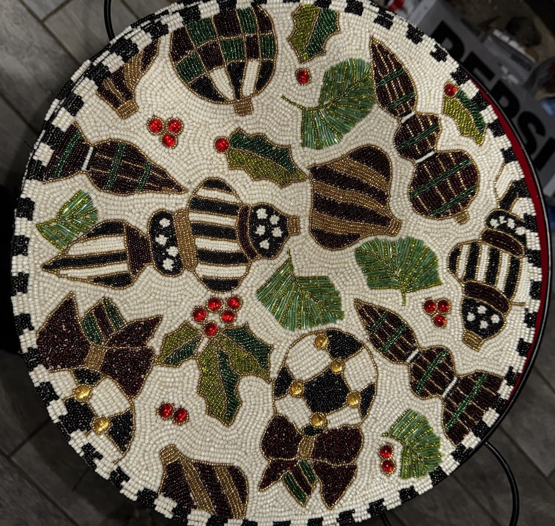 MacKENZIE CHILDS Set Of 4 Christmas White Deck the Halls BEADED PLACEMATS