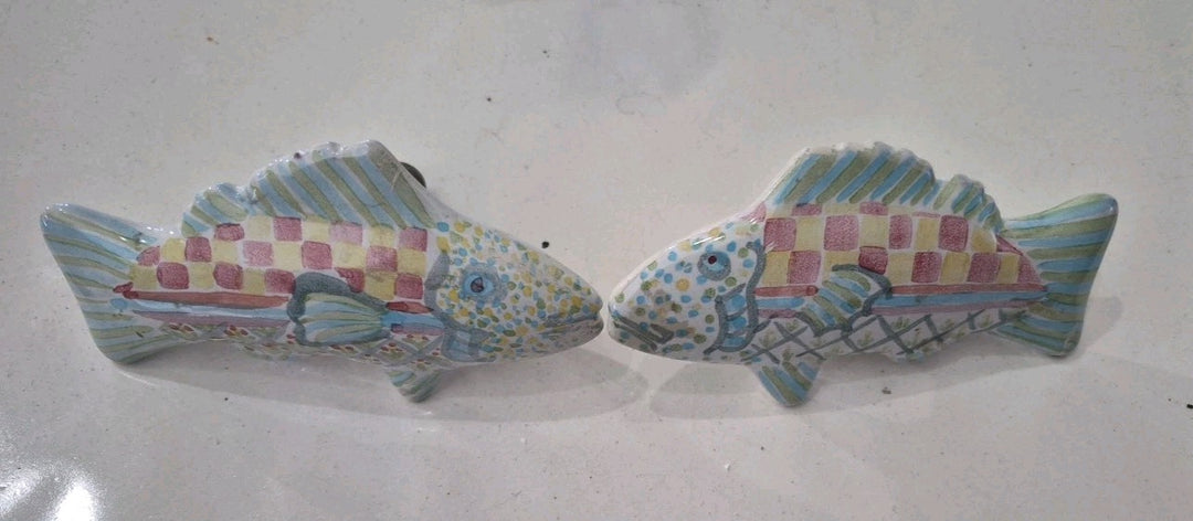 Set 2 Vintage MacKenzie-Childs Pottery Fish Cabinet Knobs / Drawer Pulls Teal