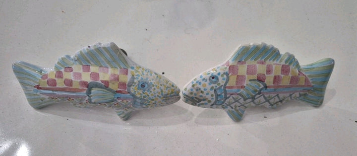 Set 2 Vintage MacKenzie-Childs Pottery Fish Cabinet Knobs / Drawer Pulls Teal