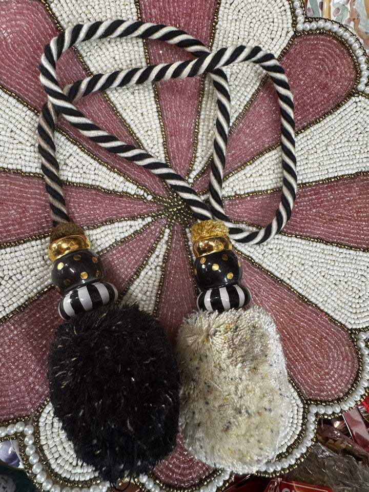 MacKenzie Childs 38.5" Long Tie Backs Tassel Black & Beige  Pom Pom Ceramic