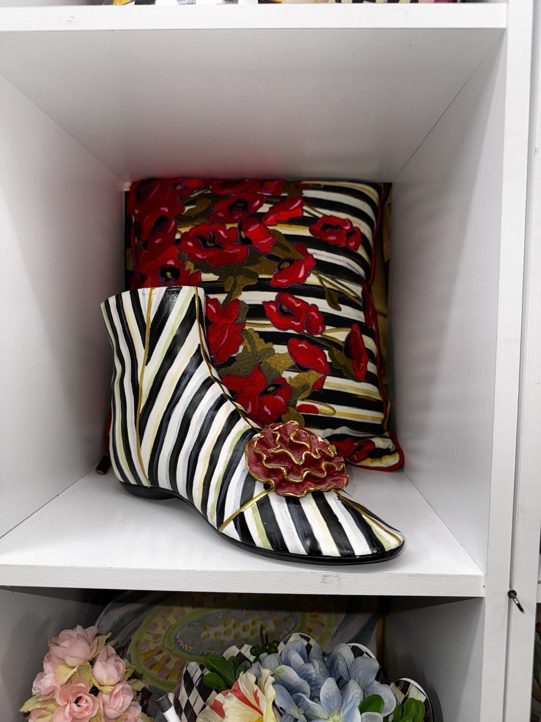 Mackenzie Childs Courtly Stripe Shoe Vase - With Red Flower - Retired