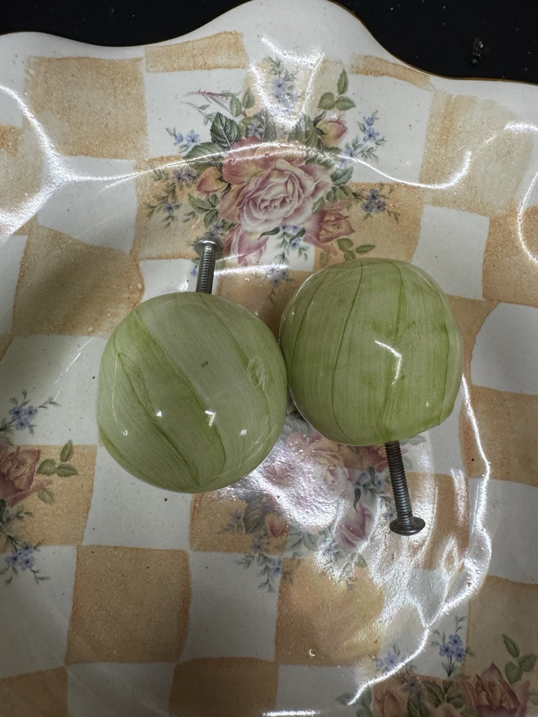 Mackenzie Childs Set Of 2 Green  Cabinet Knobs / Pulls Ceramic With Hardware