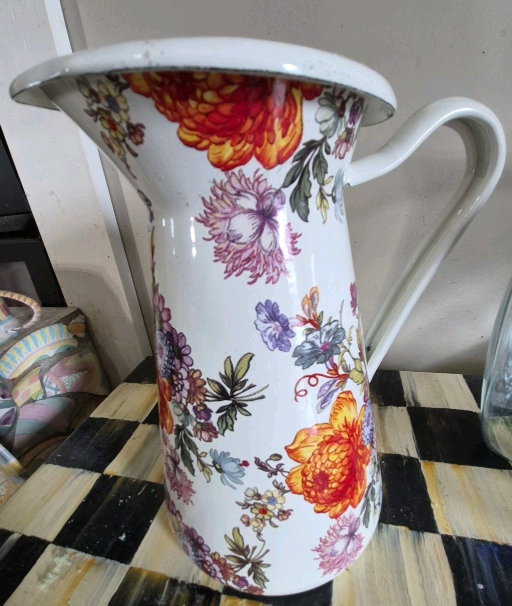 MacKenzie Childs Practical Pitcher Metal White Flower Market SMALL 8.5" TALL