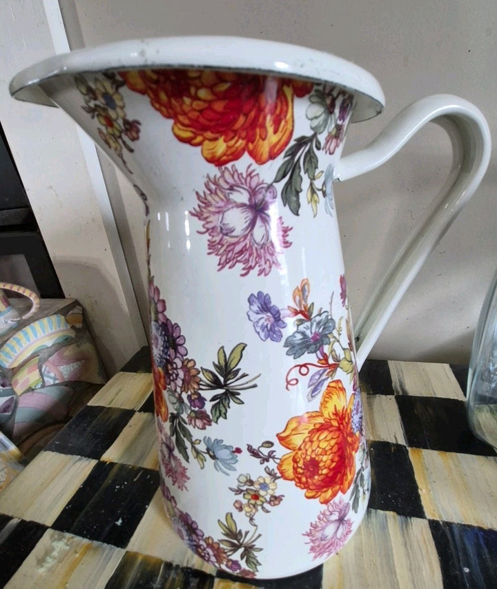 MacKenzie Childs Practical Pitcher Metal White Flower Market SMALL 8.5" TALL