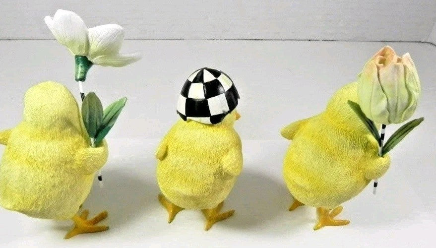 Mackenzie Childs Rose Garden Chicks With Flowers Courtly Check Set of 3- Nib