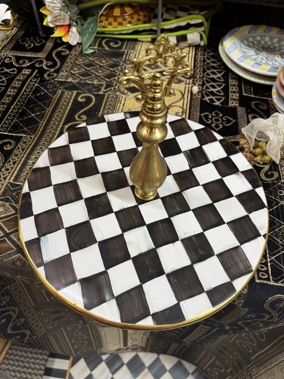 MACKENZIE CHILDS COURTLY CHECK CERAMIC Gold  CHEESE COURSE New-retired