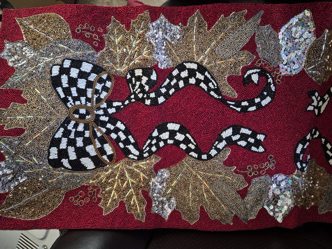 Mackenzie Childs Berry Frost Beaded Christmas Bow Table Runner 36" Centerpiece