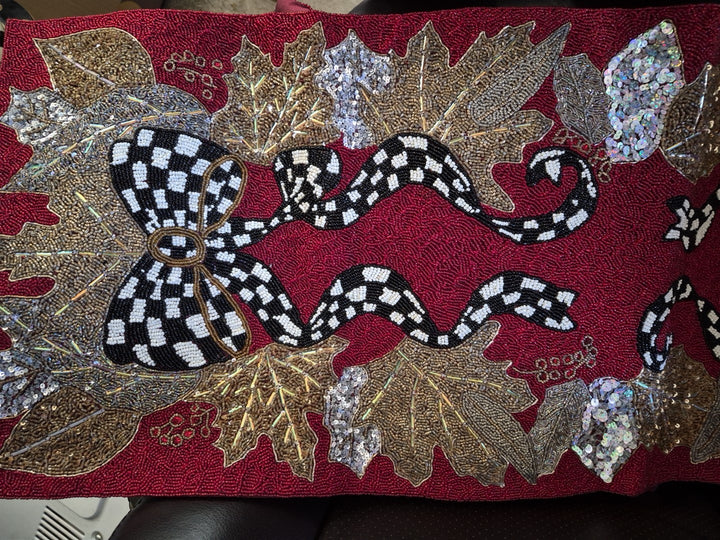 Mackenzie Childs Berry Frost Beaded Christmas Bow Table Runner 36" Centerpiece