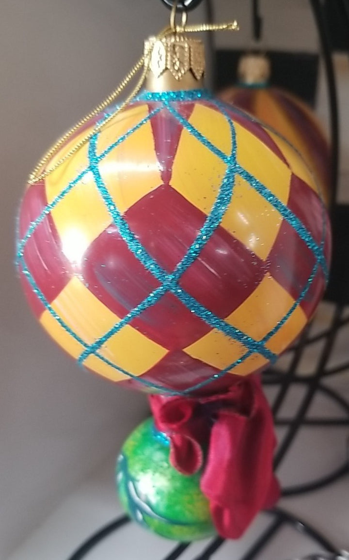 MacKenzie Childs Frank And Mustard  Argyle Double Drop Glass Ornament