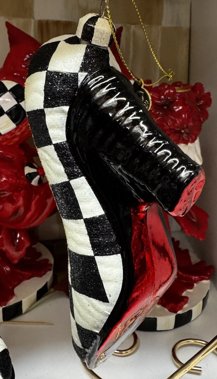MacKenzie Childs Courtly Check High Heel Shoe Glass Christmas Tree Ornament