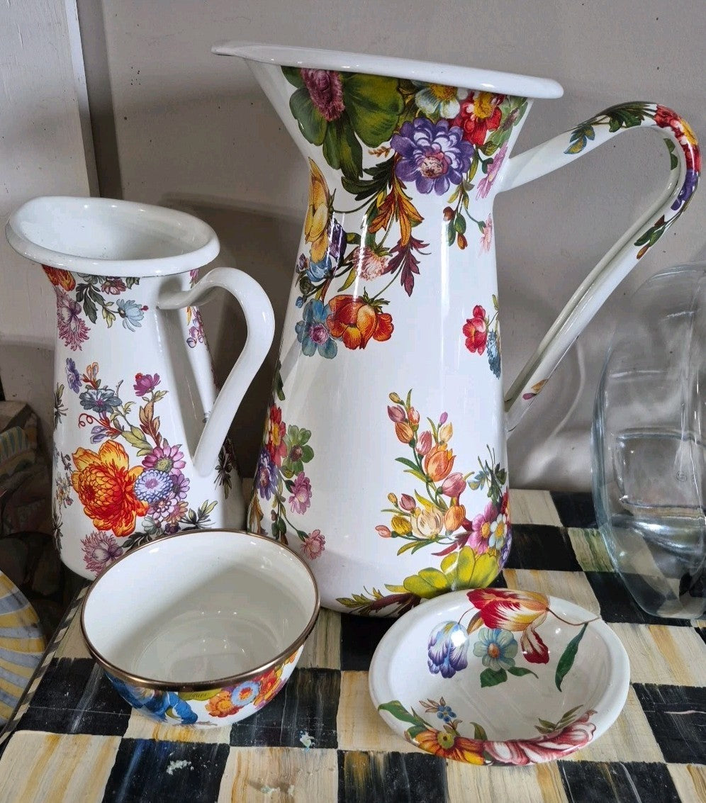 MacKenzie Childs White Flower Market LARGE Practical Pitcher 12”Tall FARMHOUSE