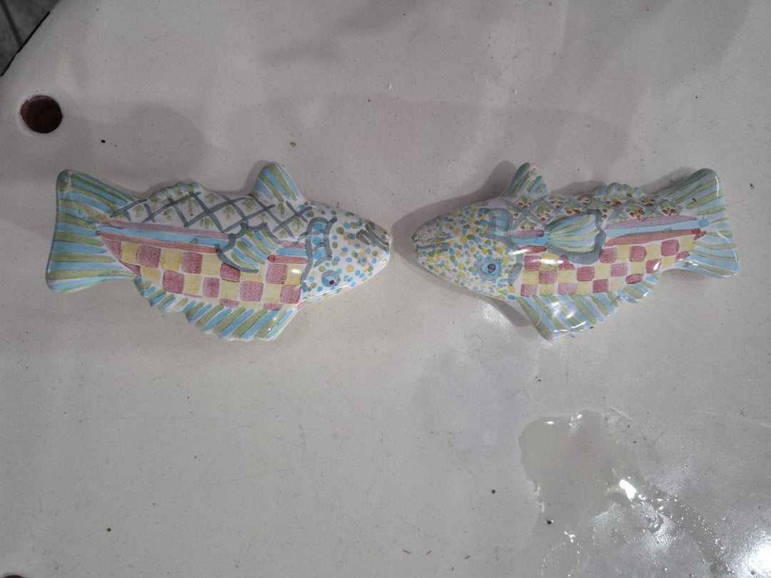Set 2 Vintage MacKenzie-Childs Pottery Fish Cabinet Knobs / Drawer Pulls Teal