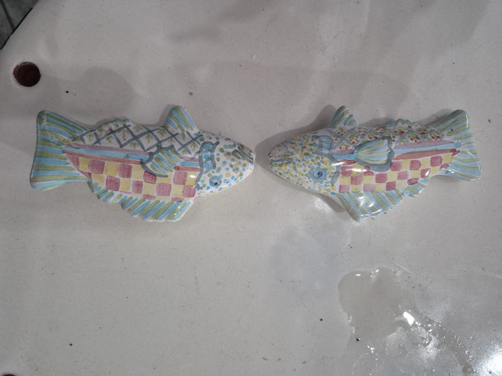 Set 2 Vintage MacKenzie-Childs Pottery Fish Cabinet Knobs / Drawer Pulls Teal