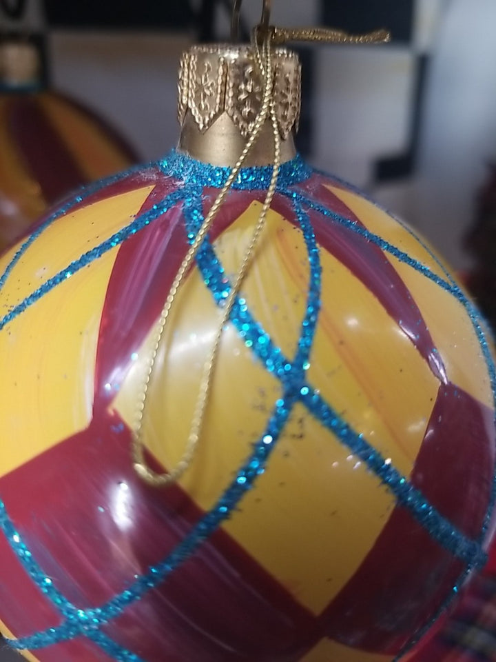 MacKenzie Childs Frank And Mustard  Argyle Double Drop Glass Ornament