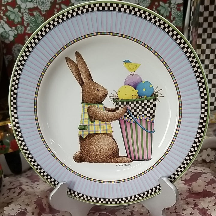 Debbie Mumm Sakura Easter Plate 8 1/4" & mug Set Bunny Eggs 1998-Blue w/ Checks