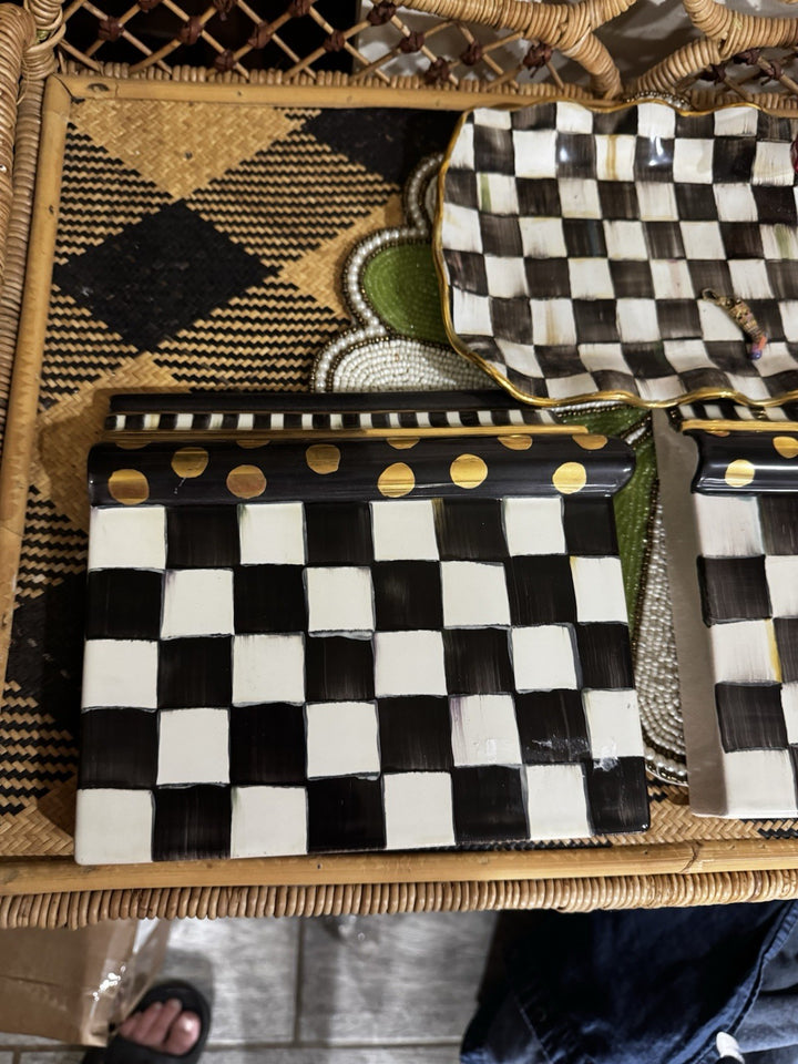 Mackenzie Childs Courtly Check Ceramic Side Tile For The Right Side / Gold Dots