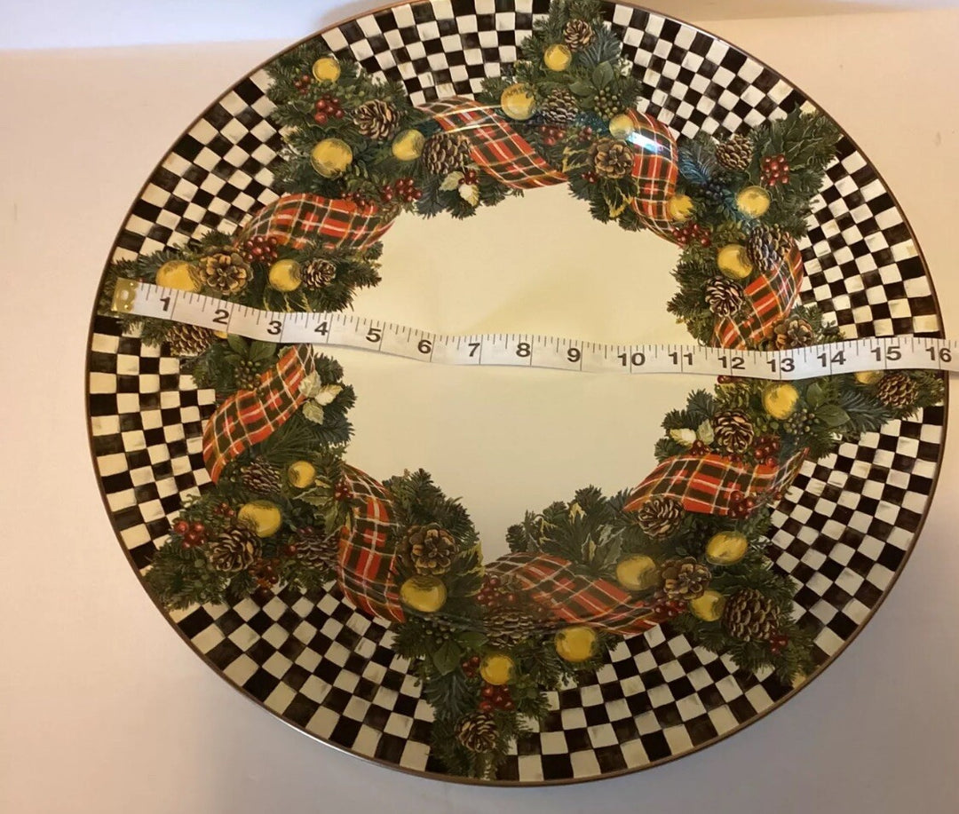 MACKENZIE CHILDS Courtly Check Evergreen Enamel Pedestal Platter - LARGE 16 Tall