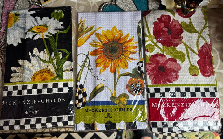 RETIRED MacKenzie Childs SET of 3 POPPY,  Daisy And Sunflower DISH TOWELs