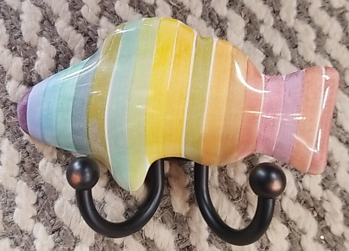 Mackenzie Childs Fish Rainbow 2 Hook Left Facing 2.5" wide, 4.5" long, 1" tall